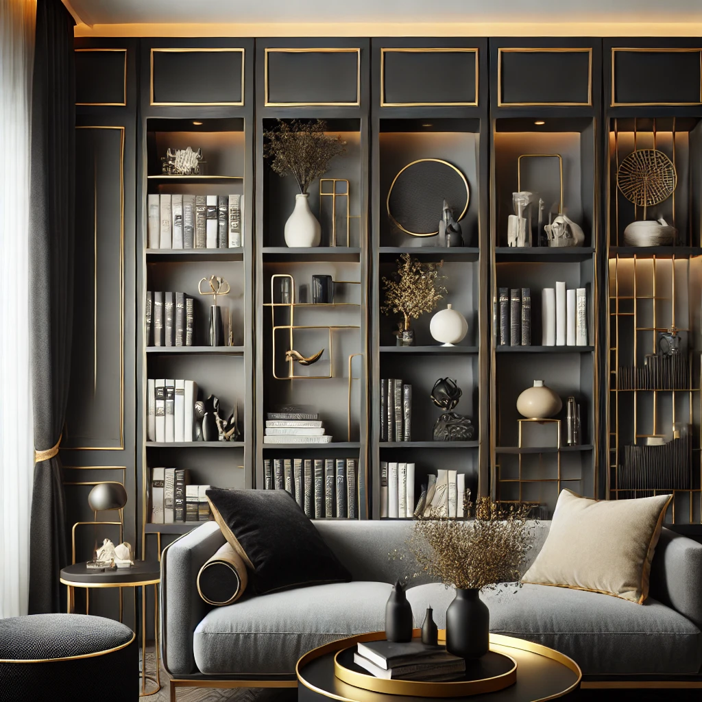 Black Bookshelves with Golden Trimmings