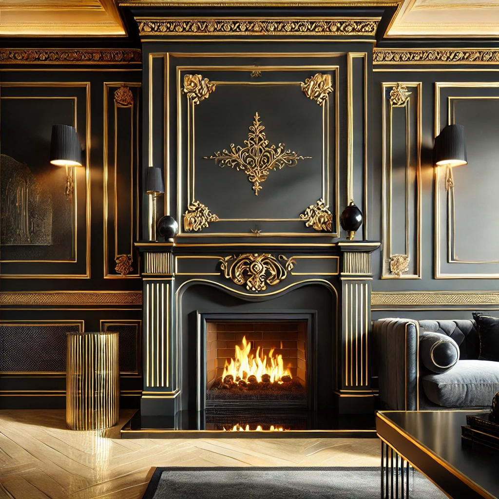 Black Fireplace with Golden Trim