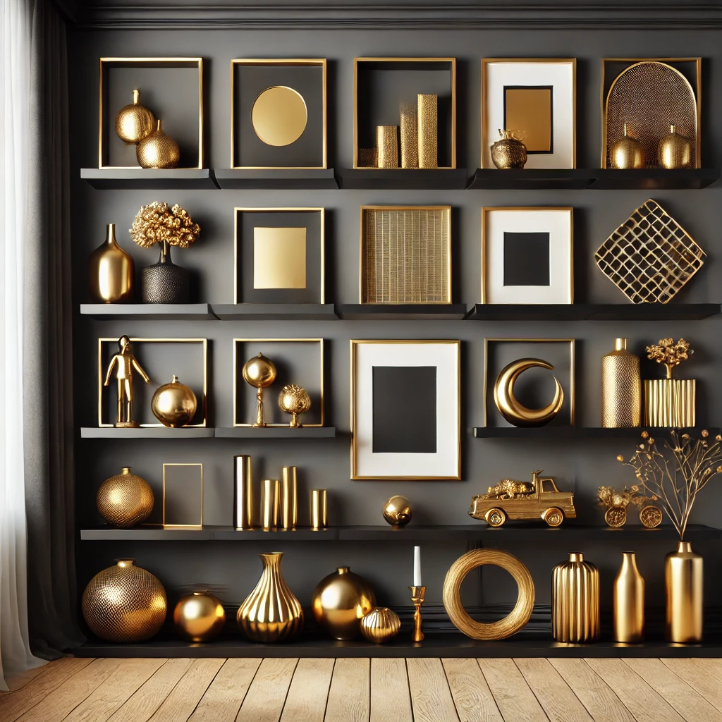 Black Shelves with Golden Accents