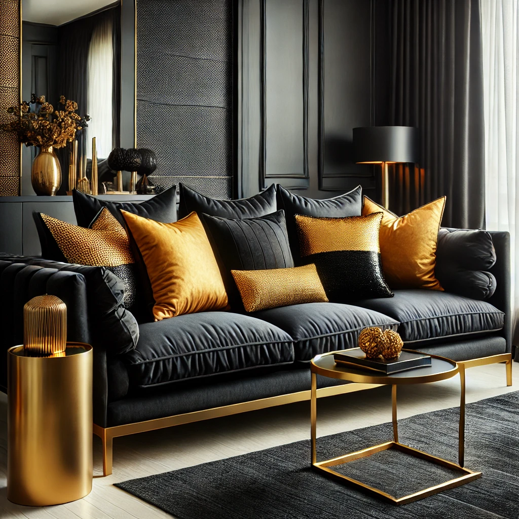 Black Sofa with Golden Throw Pillows