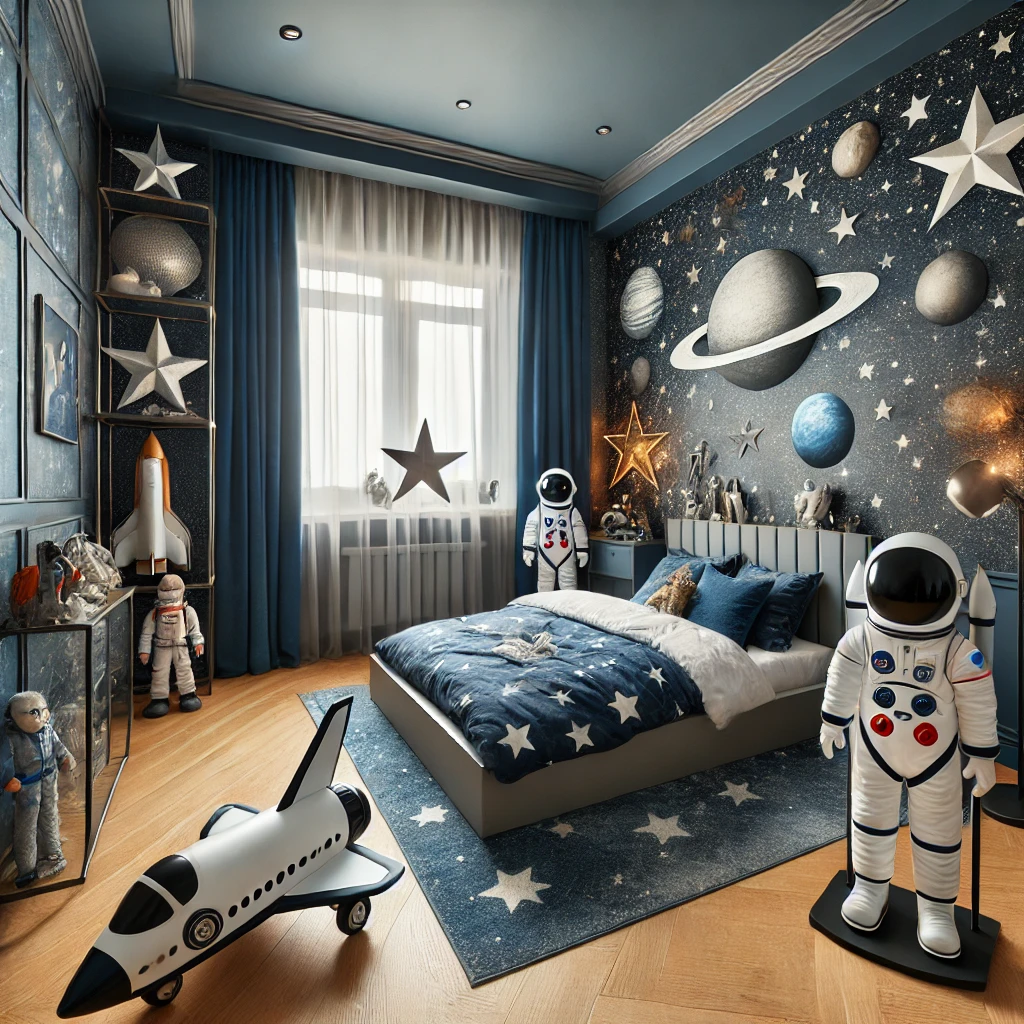 DALL·E 2024-08-07 15.25.30 - A themed kids' room inspired by space exploration, featuring wallpaper with stars and planets, a spaceship-shaped bed, and themed decorations like ast