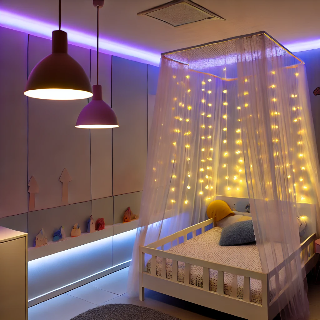 DALL·E 2024-08-07 15.25.36 - A modern kids' room with innovative lighting solutions, featuring pendant lights, fairy lights draped over a canopy bed, and smart LED strips around t