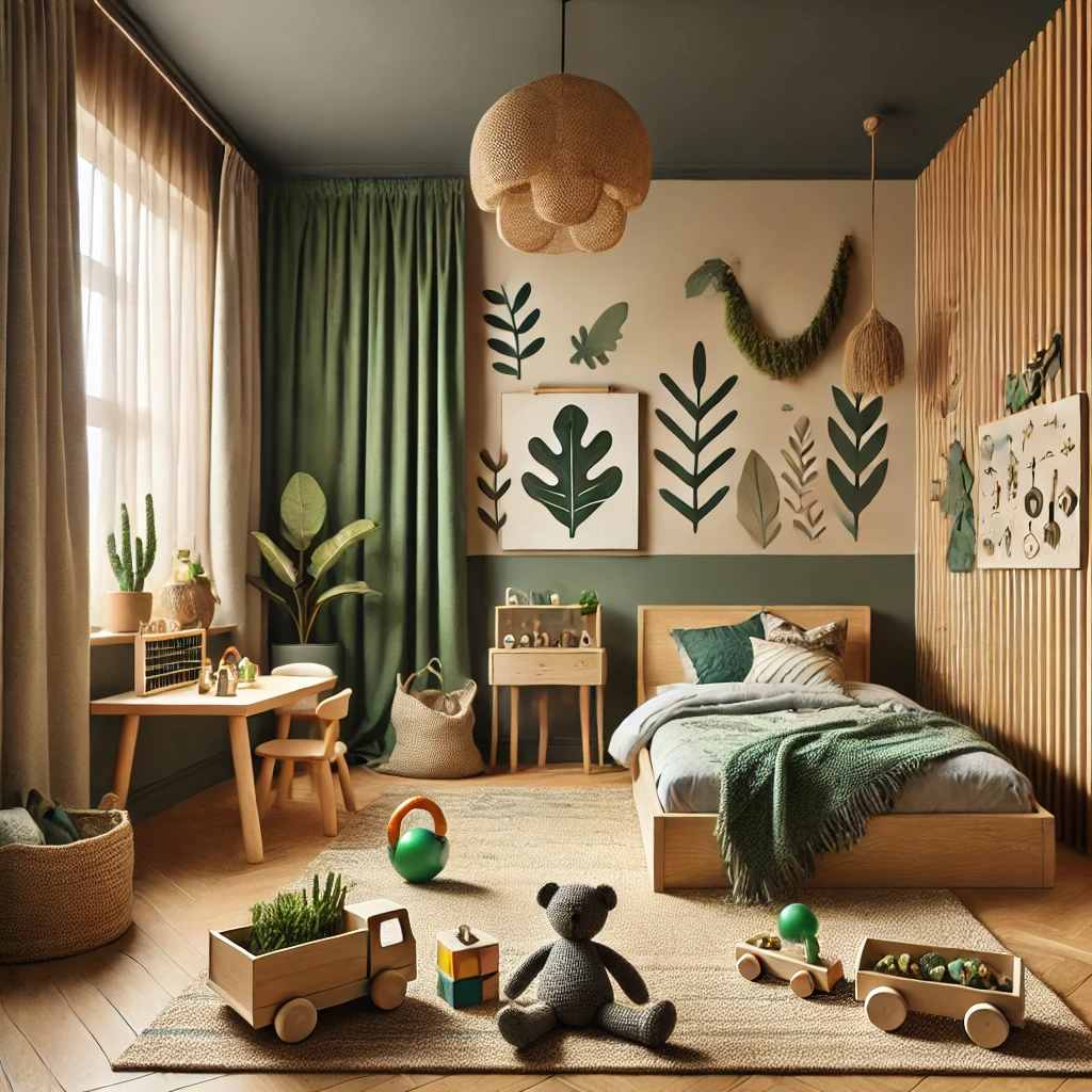 DALL·E 2024-08-07 15.25.39 - A modern kids' room designed with eco-friendly materials, featuring sustainable furniture made from reclaimed wood, organic cotton curtains, and non-t