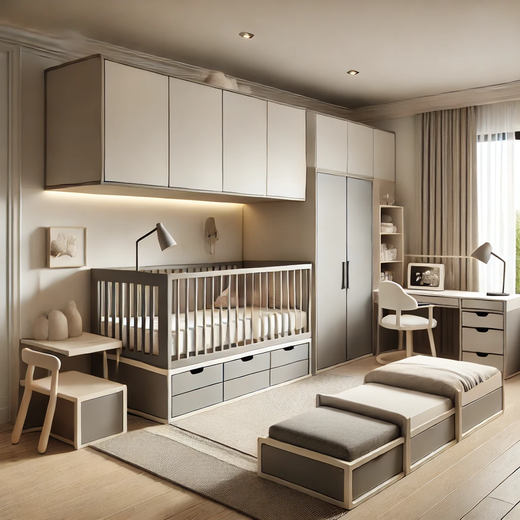 DALL·E 2024-08-07 15.25.24 - A modern kids' room with multifunctional furniture including a convertible crib that turns into a toddler bed, a height-adjustable desk, and a bench w