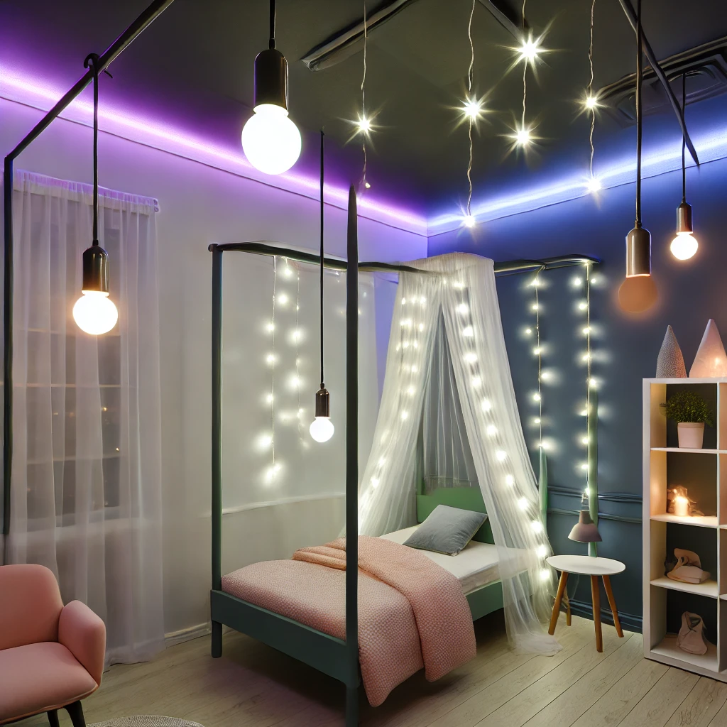 DALL·E 2024-08-07 15.25.33 - A modern kids' room with innovative lighting solutions, featuring pendant lights, fairy lights draped over a canopy bed, and smart LED strips around t