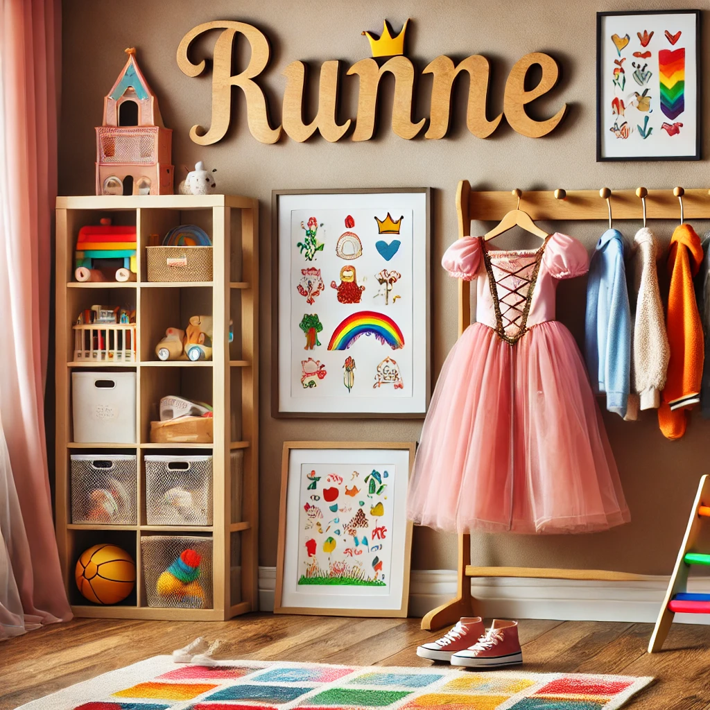 DALL·E 2024-08-07 15.25.41 - A personalized kids' room featuring wooden letters spelling the child's name on the wall, a rack with colorful costumes for dress-up, and framed artwo