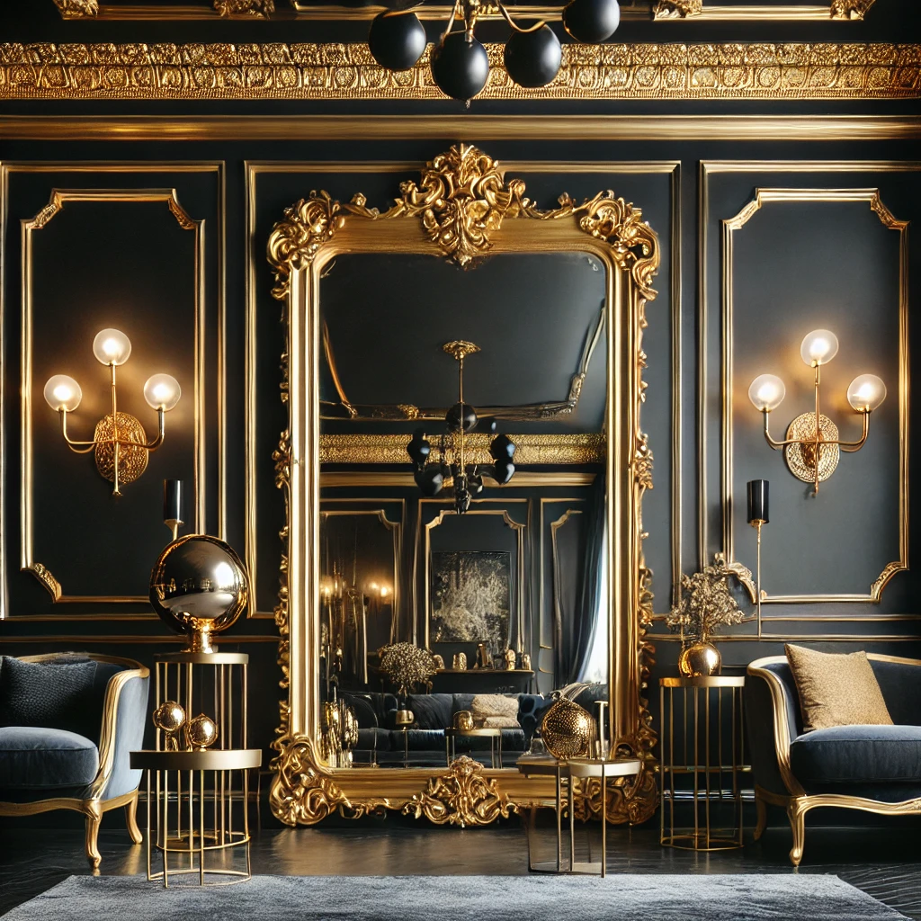 Gold-Framed Mirrors on Black Walls