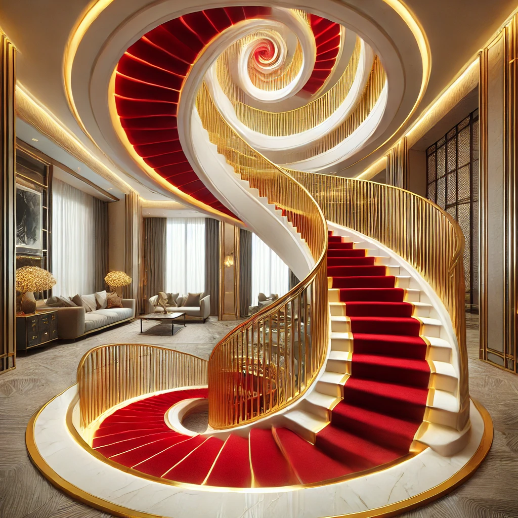 Golden Accents on a Red Spiral Staircase