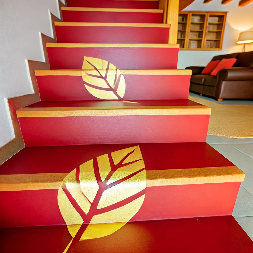 Golden Leaf Motif on Red Stairs (2)