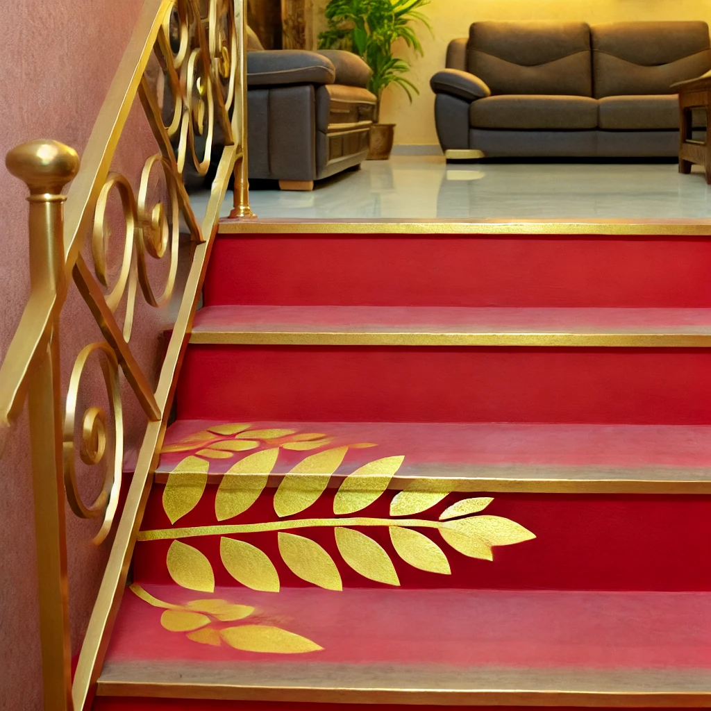 Golden Leaf Motif on Red Stairs