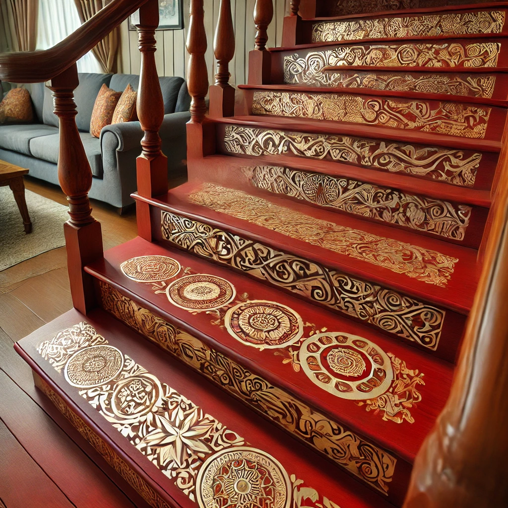 Golden Stencils on Red Wood