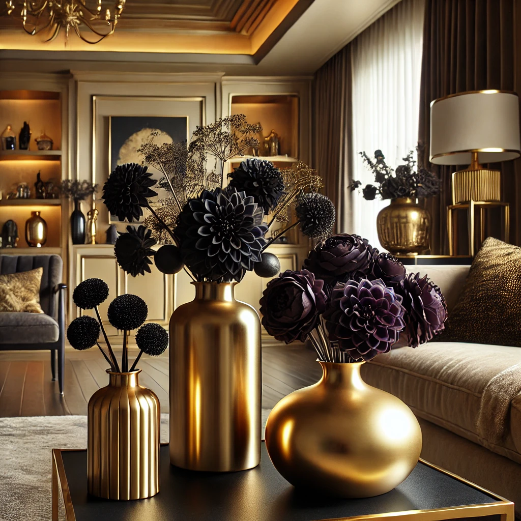 Golden Vases and Black Flowers