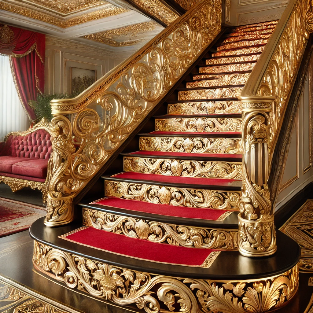 Intricate Golden Patterns on Red Steps