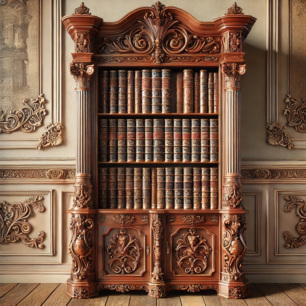 Ornate Bookshelf Filled with Leather Bound Books