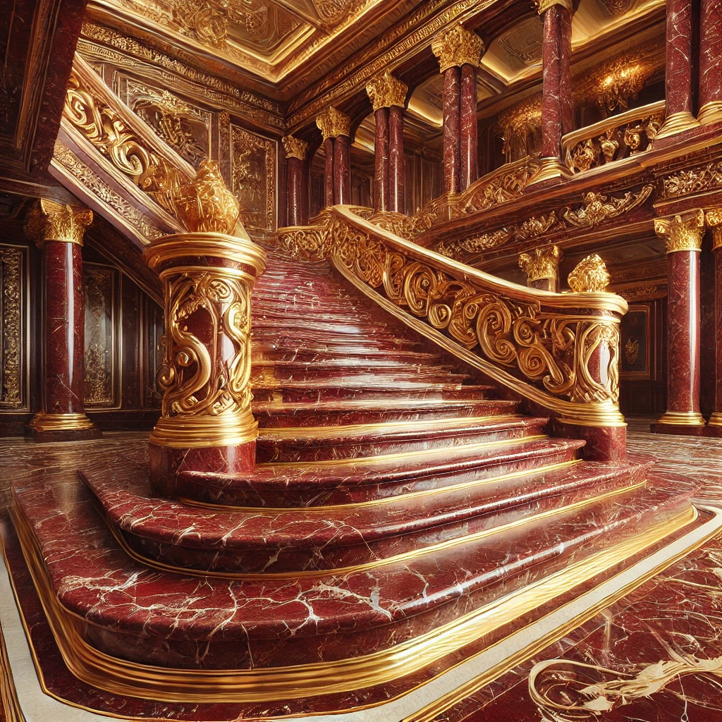 Red Marble Stairs with Golden Grout