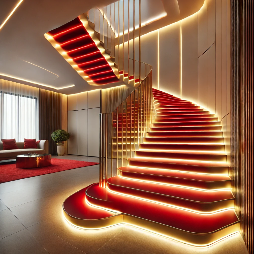 Red Stairs with Golden LED Lighting