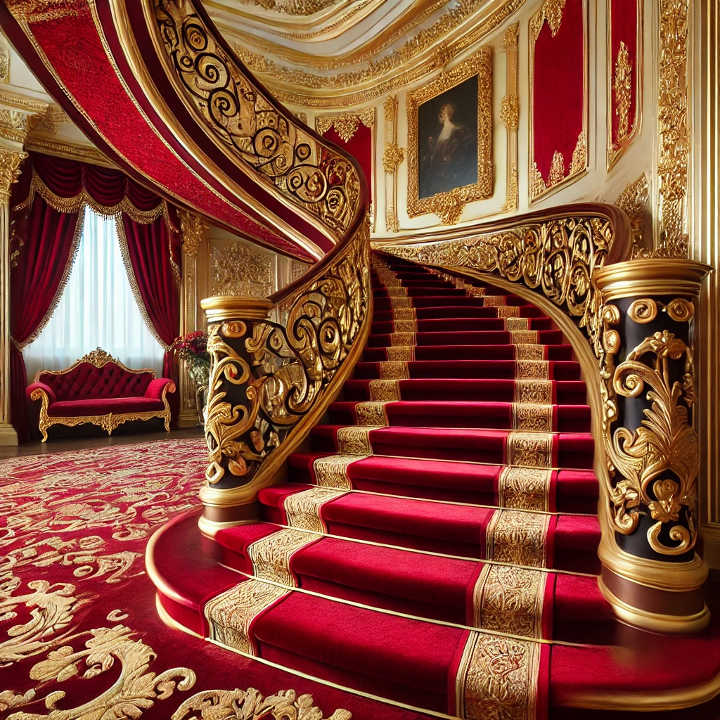 Red Velvet Staircase with Golden Trim