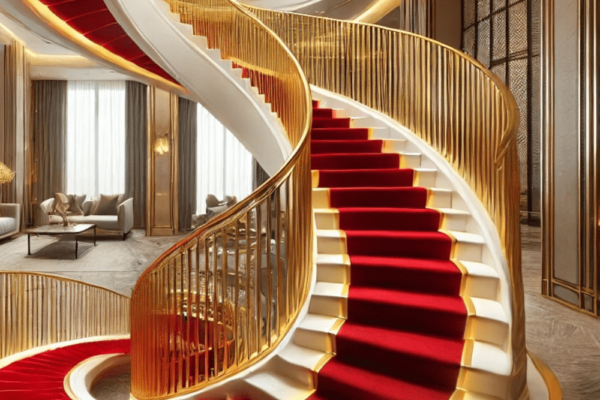 20 Modern Red and Golden Stairs Ideas with Living Room-min