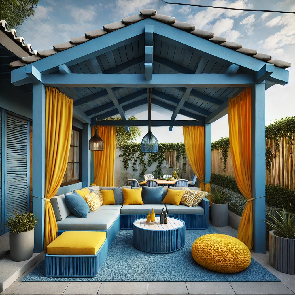 Blue Pergola with Yellow Seating Area