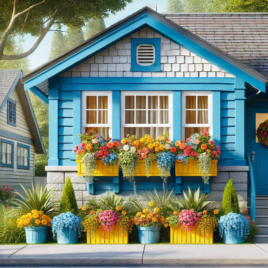 Blue Window Trim with Yellow Flower Boxes