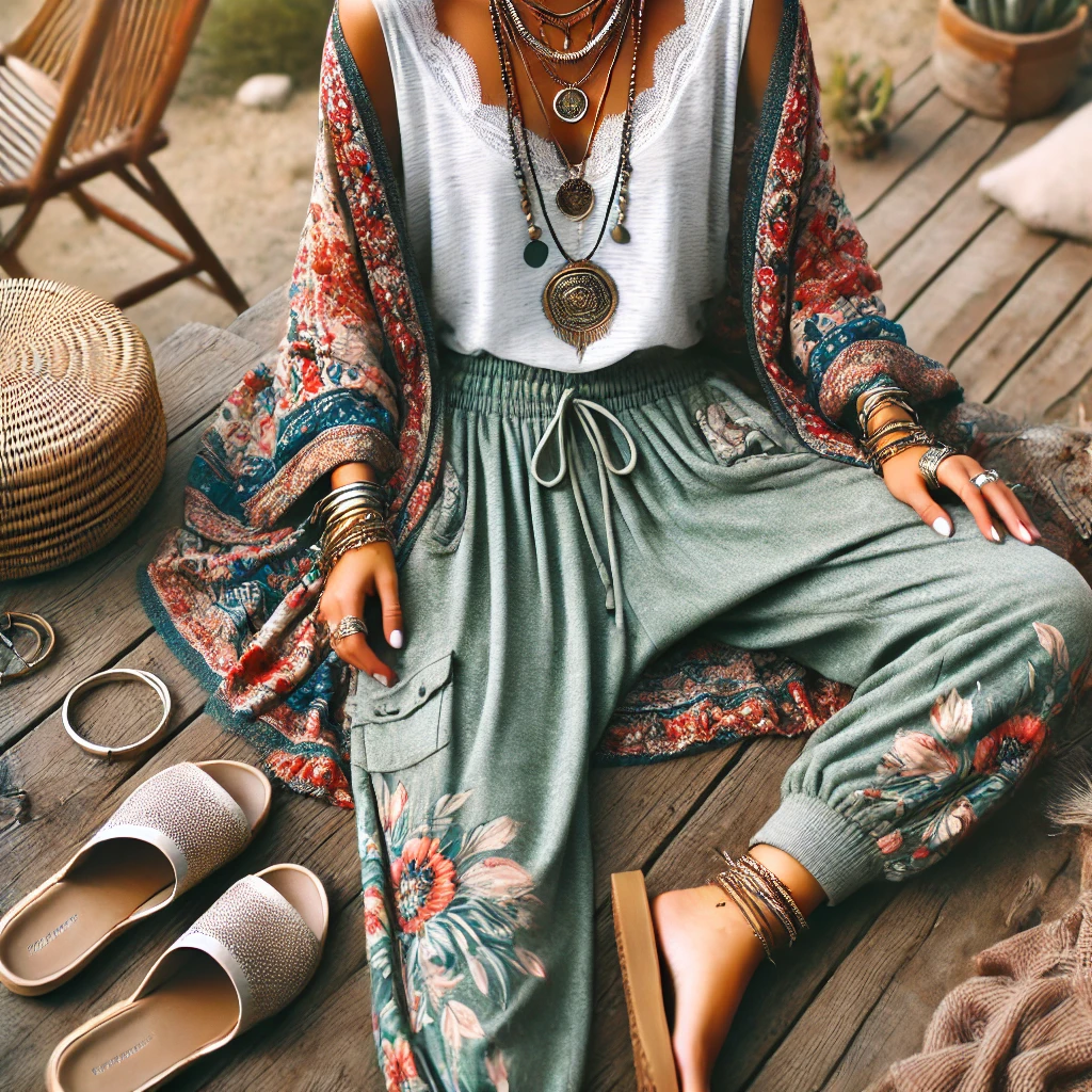 Boho Chic Joggers with a Flowing Kimono