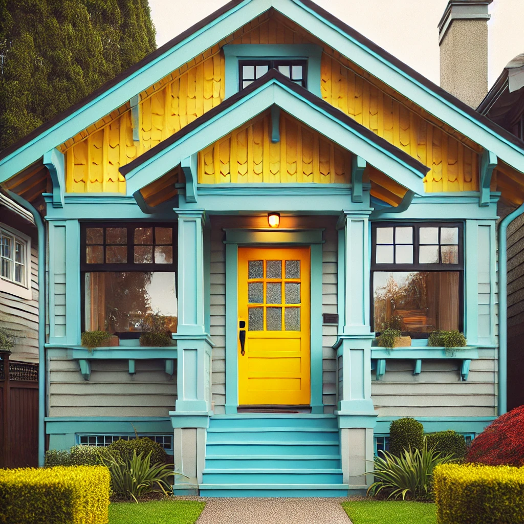 Bold Yellow Entryway with Soft Blue Trim