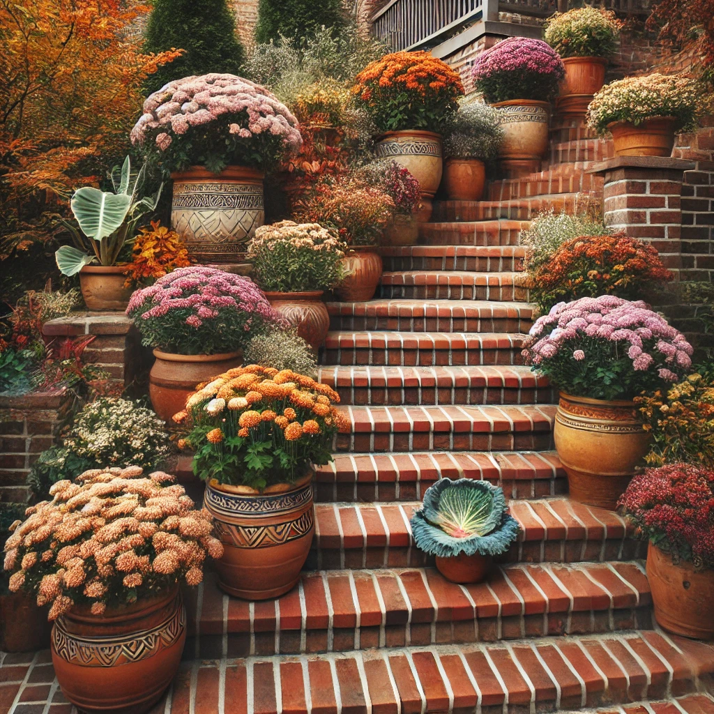 Brick Stairs with Seasonal Planters