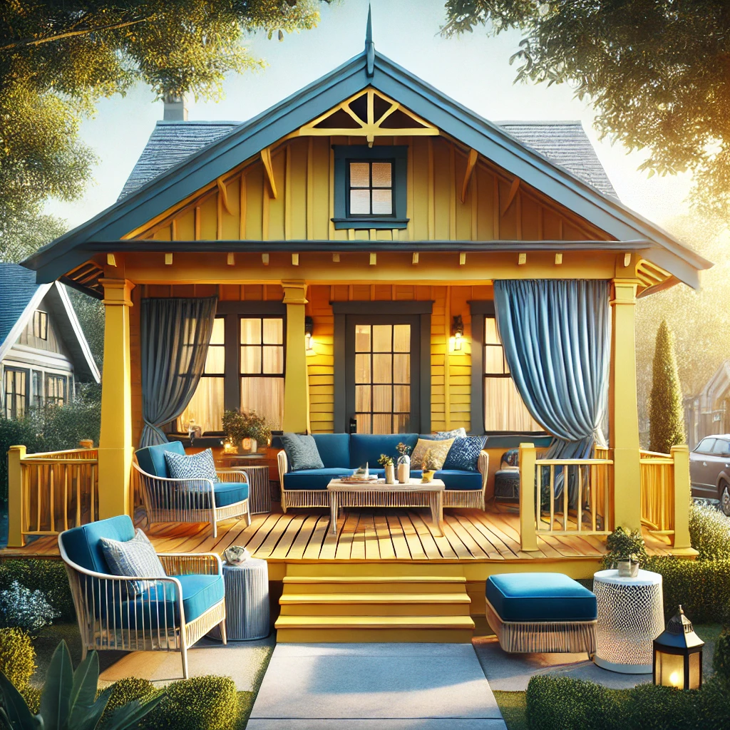 Bright Yellow Porch with Blue Furniture