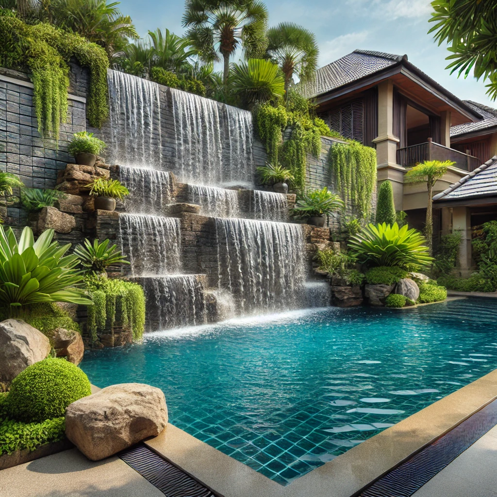 Cascading Waterfall into Swimming Pool