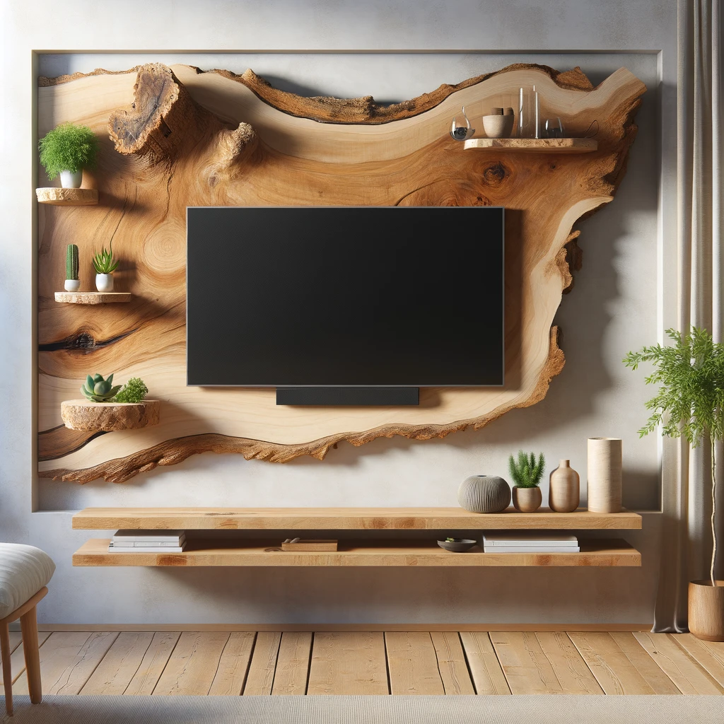 DALL·E 2024-09-18 17.37.03 - A live edge wall-mounted shelf being used as a TV console in a modern, minimalist living room. The natural wood shelf has a raw, uneven edge and is ho