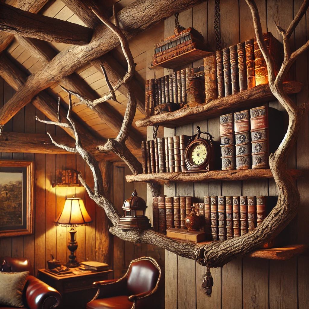 Floating Tree Branch Bookshelves for a Rustic Library Look