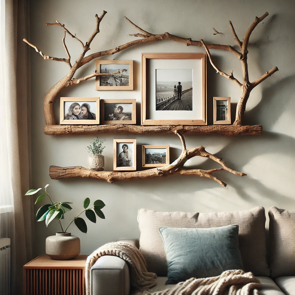 Floating Tree Branch Shelf with Personal Mementos