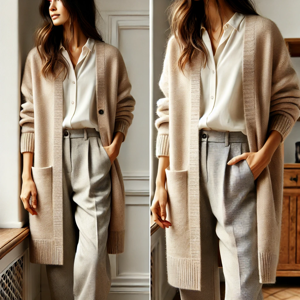 Longline Cardigan with a Blouse and Slacks