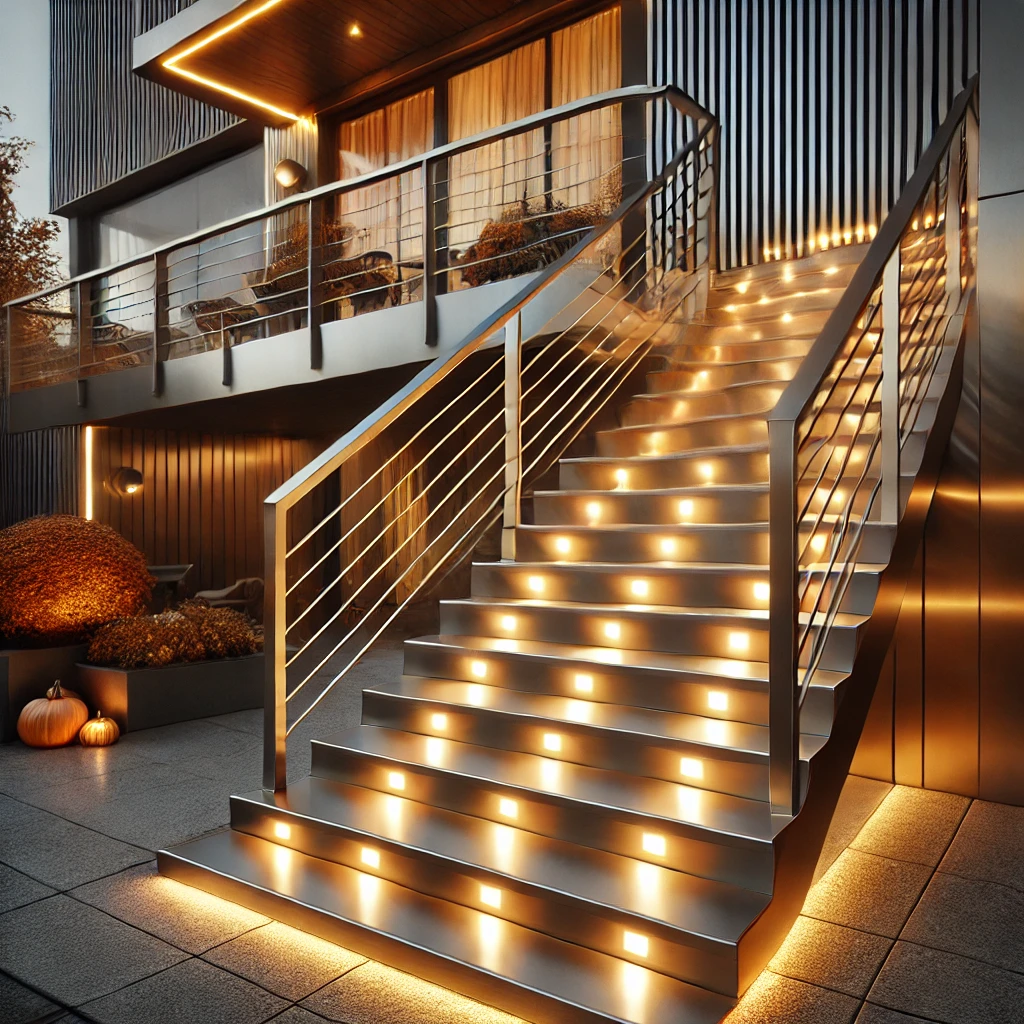 Metallic Modern Staircase with Warm Lighting