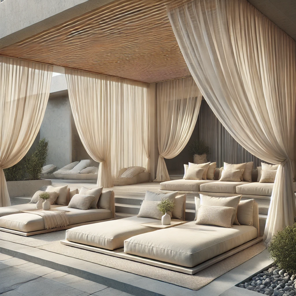 Modern Patio with Daybeds and Curtains