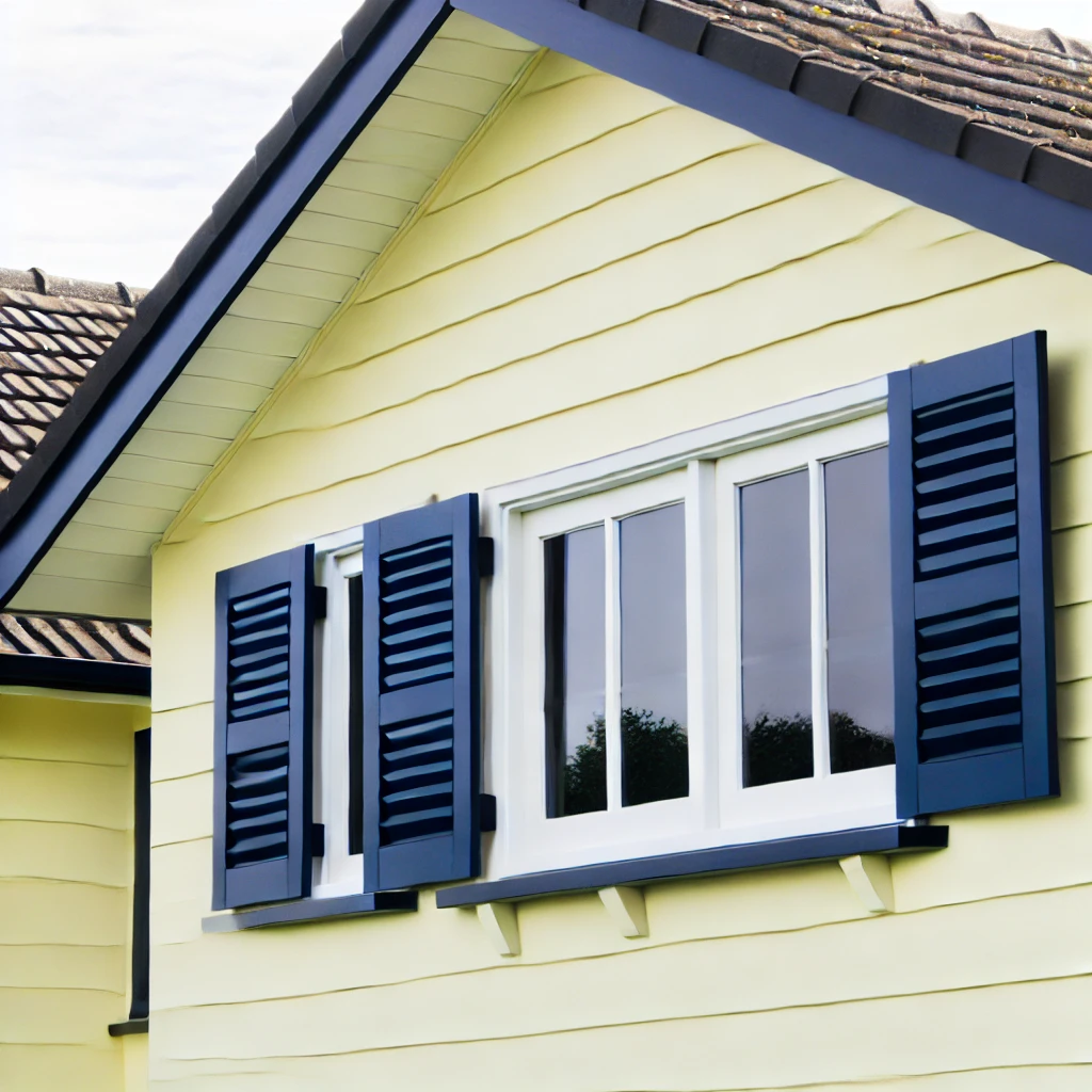 Navy Blue Shutters and Pale Yellow Walls