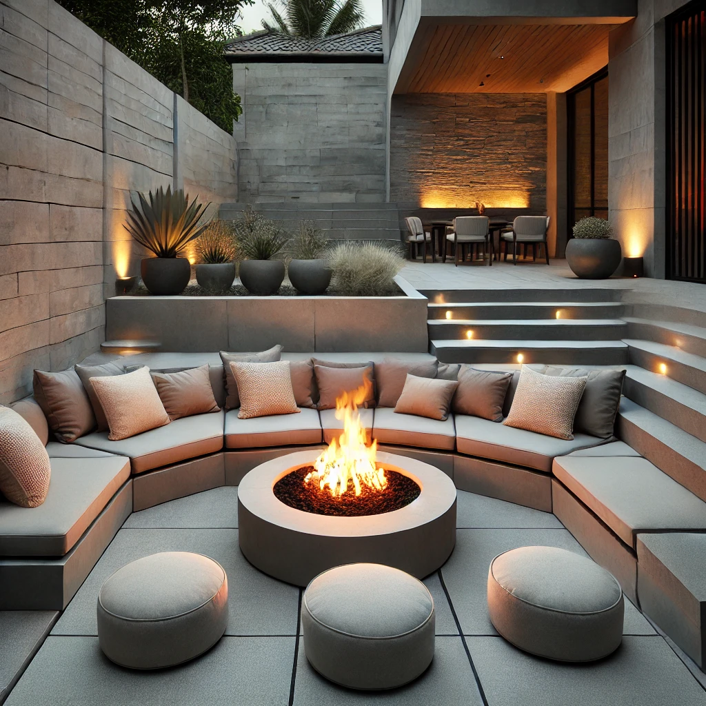 Patio with Built-in Seating and Fire Pit