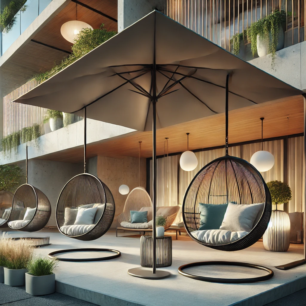 Patio with Hanging Chairs and Modern Umbrella