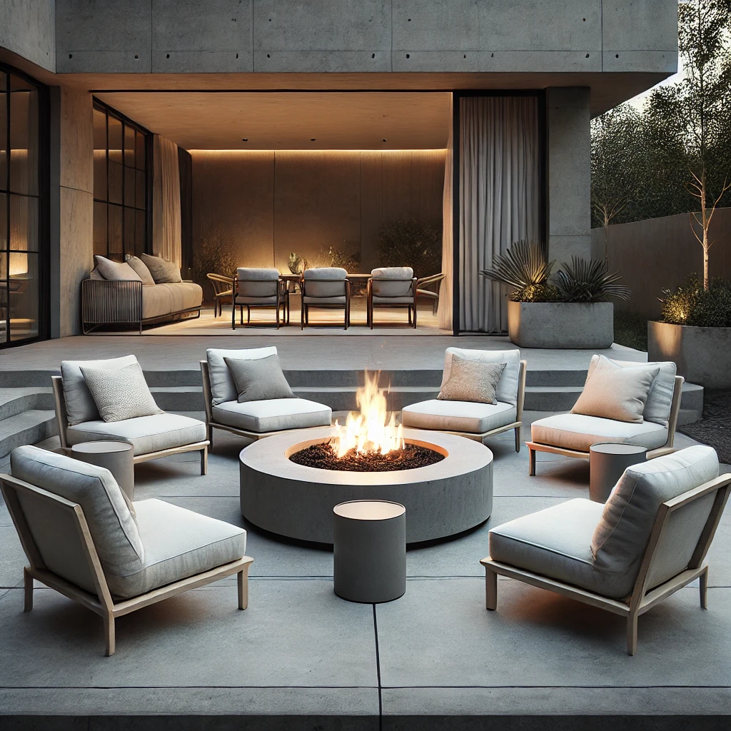 Patio with Modern Fire Pit and Lounge Furniture