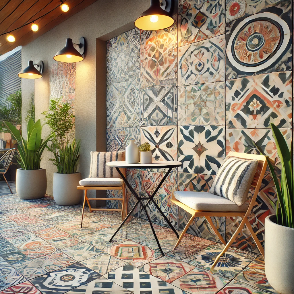 Patio with Patterned Tiles and Modern Bistro Set