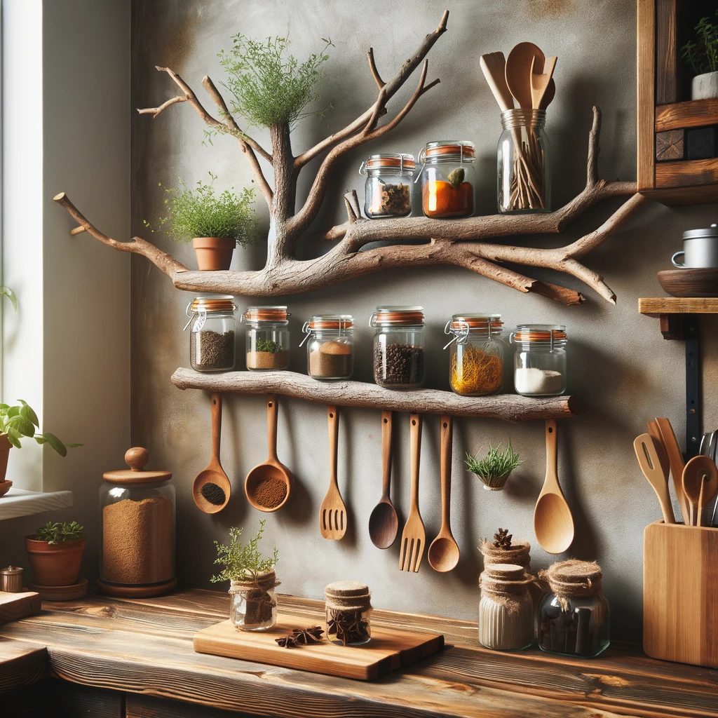 Rustic Tree Branch Wall Mount Shelf for the Kitchen