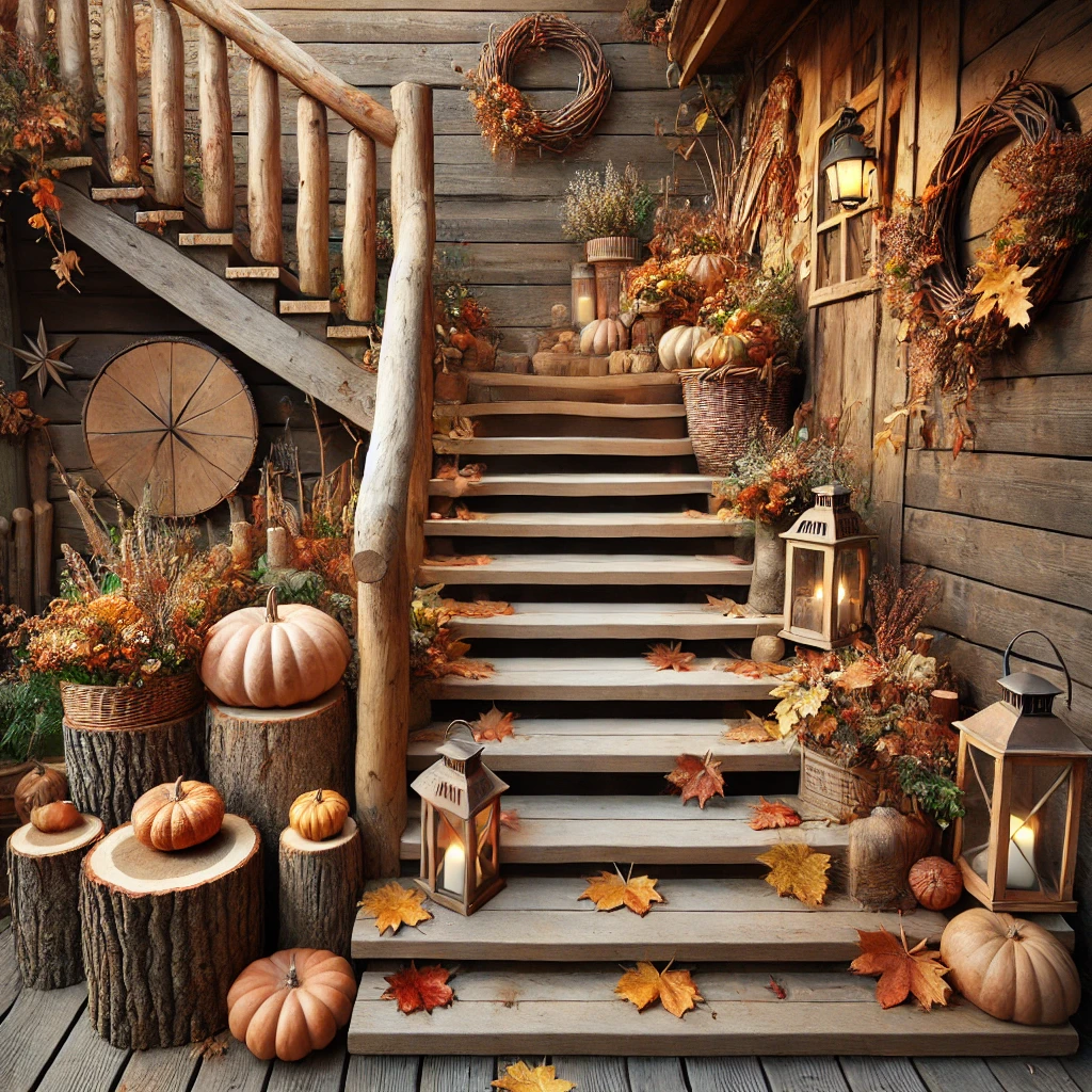 Rustic Wooden Stairs with Autumn Accents