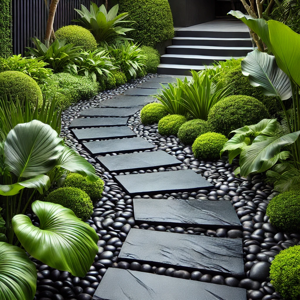 Sleek Black Stones with Greenery