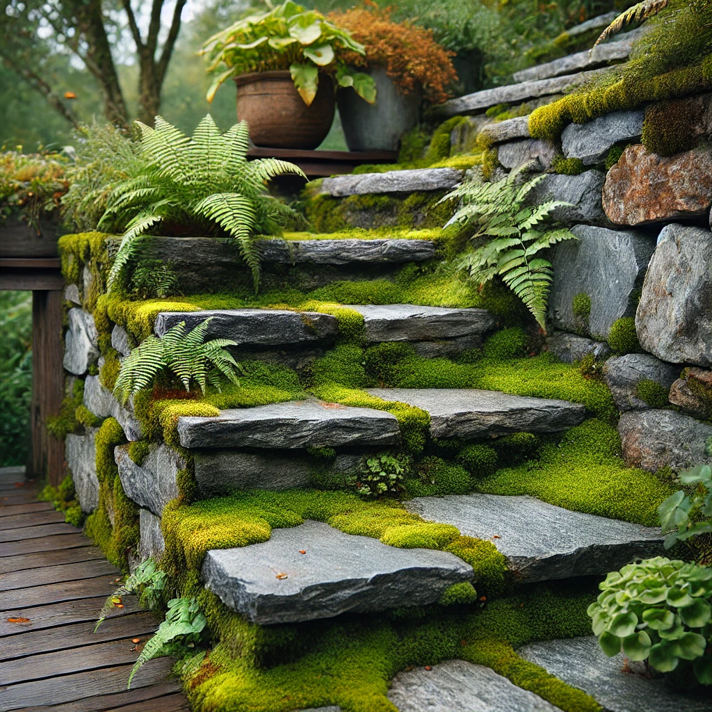 Stone Stairs with Moss and Ferns