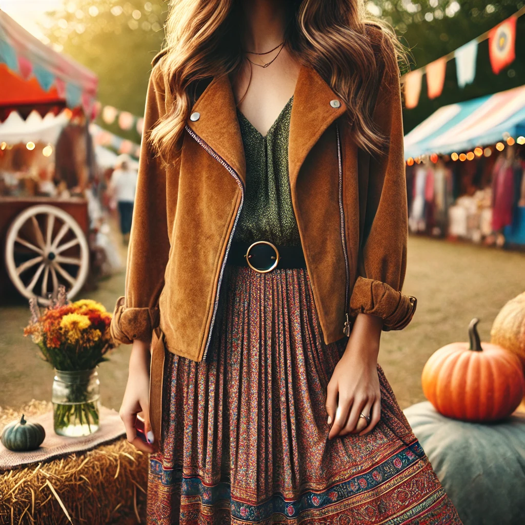 Suede Jacket with Maxi Skirt for a Bohemian Touch