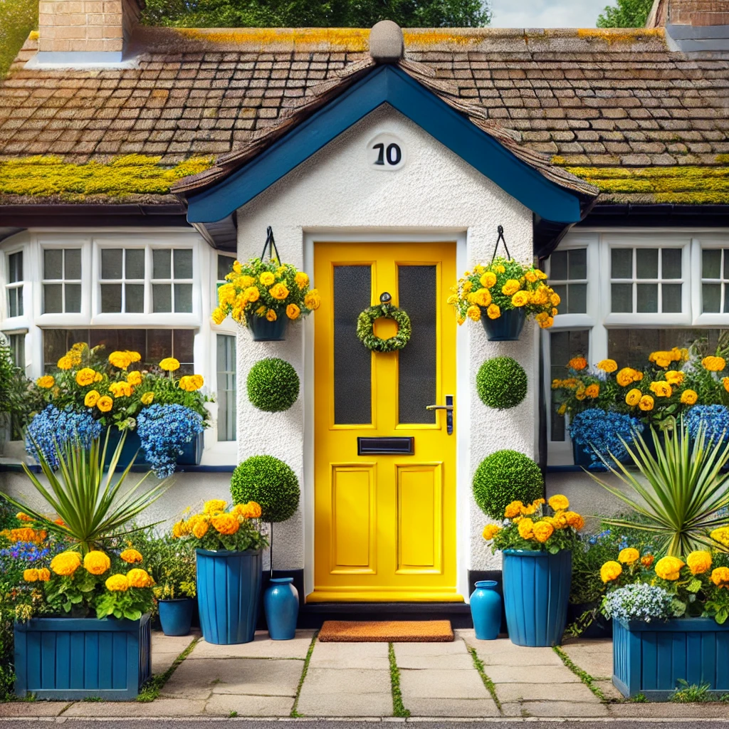 Sunny Yellow Door with Blue Planters