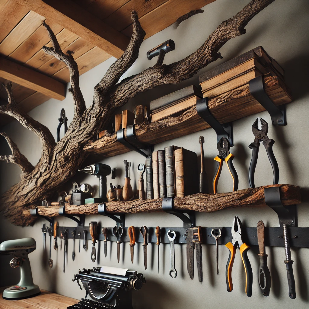 Tree Branch Bookshelves with Industrial Brackets