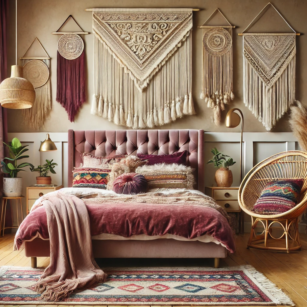 Velvet Bed with Bohemian Decor