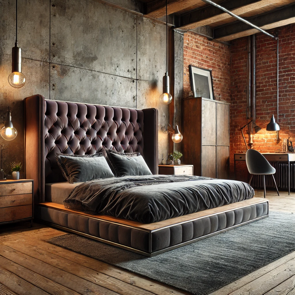 Velvet Bed with Industrial Decor