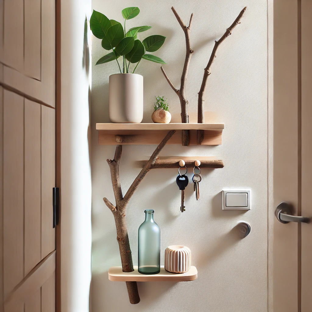 Wall-Mounted Tree Branch Shelf for Narrow Spaces